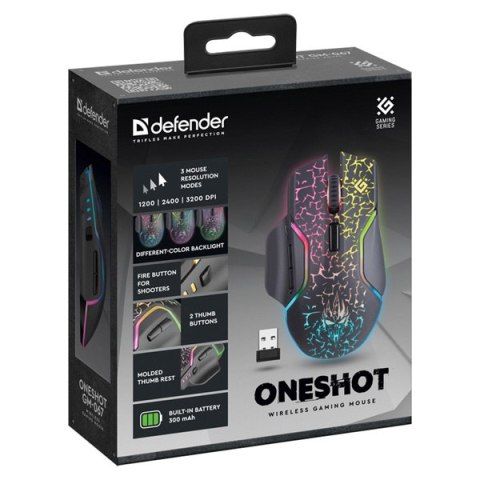 Defender Mysz Oneshot GM-067 LED, 3200DPI, 2.4 [GHz], optyczna, 6kl., bezprzewodowa, czarna, wbudowany akumulator