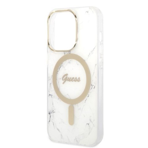 Zestaw Guess GUBPP14LHMEACSH Case+ Charger iPhone 14 Pro 6,1" biały/white hard case Marble MagSafe