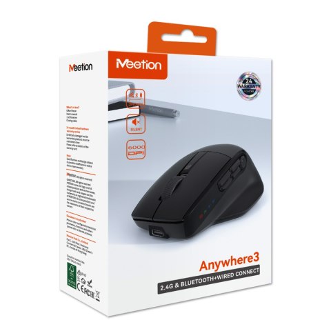 Meetion ANYWHERE3 Mysz czarna, 6000DPI, Tri-Mode