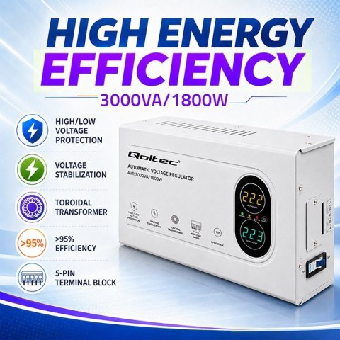 Qoltec Automatyczny Stabilizator napięcia AVR 3000VA | 1800W | Compact | Toroidalny transformator
