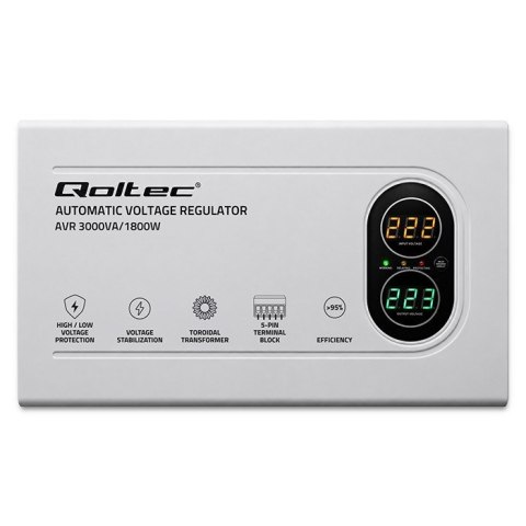 Qoltec Automatyczny Stabilizator napięcia AVR 3000VA | 1800W | Compact | Toroidalny transformator