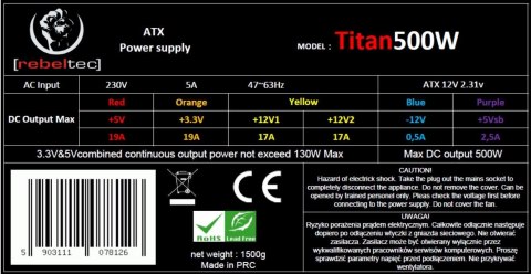 Zasilacz REBELTEC RBLZAS00004 ATX VER.2.31 BOX + KABEL TITAN 500