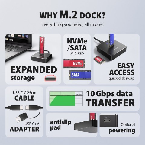 Axagon ADSA-M2C11 stacja dokująca do dysków twardych USB 3.2 Gen 2 (3.1 Gen 2) Type-C Czarny