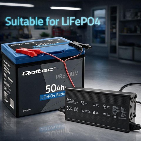 Qoltec Specjalistyczna ładowarka do akumulatora LiFePO4 12V | 30A | PF 0.9 | LED | Inteligentne ładowanie